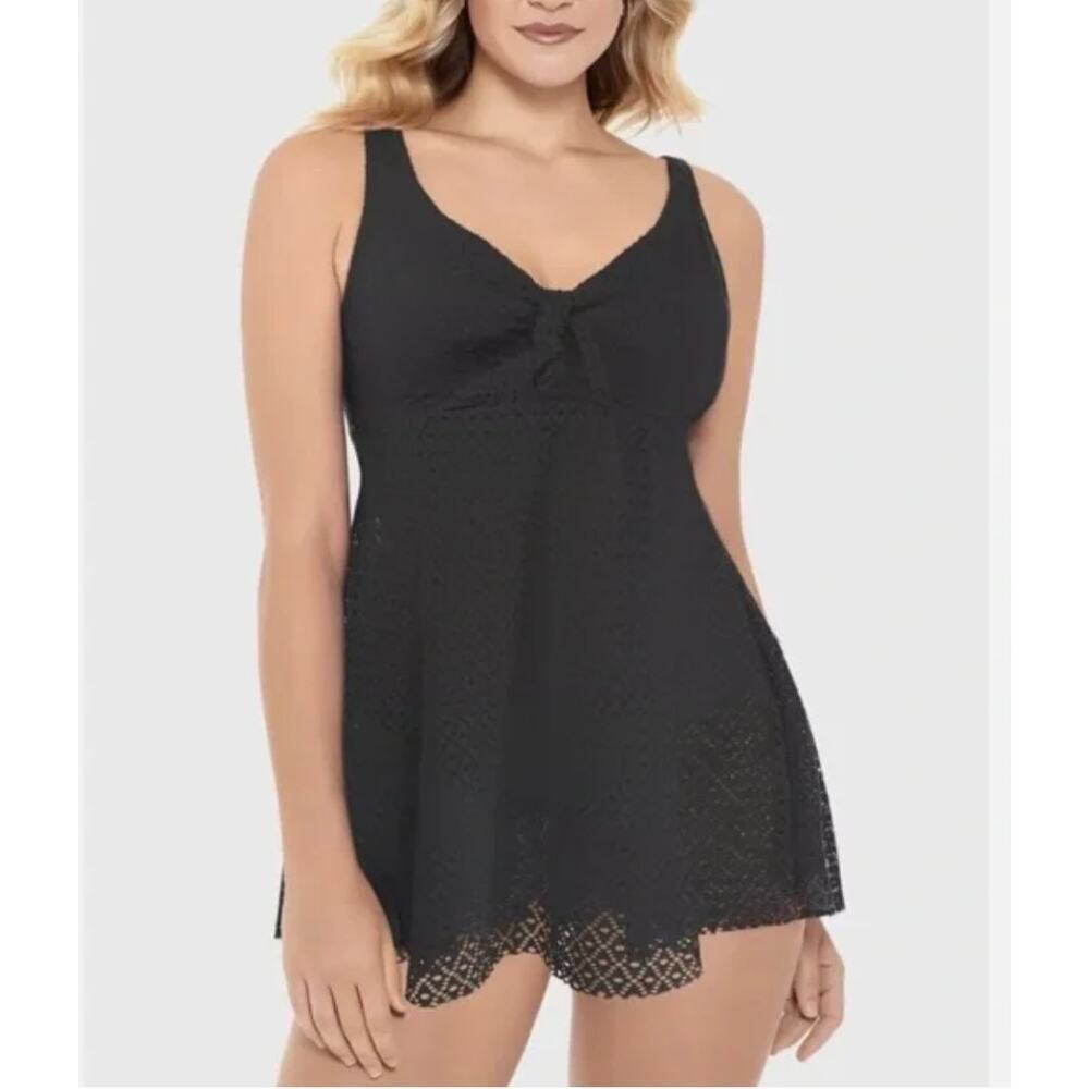 Swim Solutions Crochet Bow Front Black Swim Dress Size 8 New with tags